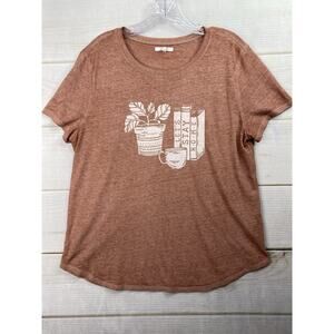 Maurices Tee Shirt Sz L Coral "Let's Stay Home" Books Coffee Plant Burnout